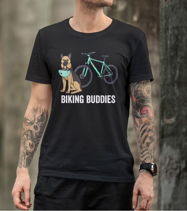 Biking Buddies German Shepherd With Bicycle Helmet And Bike T-Shirt