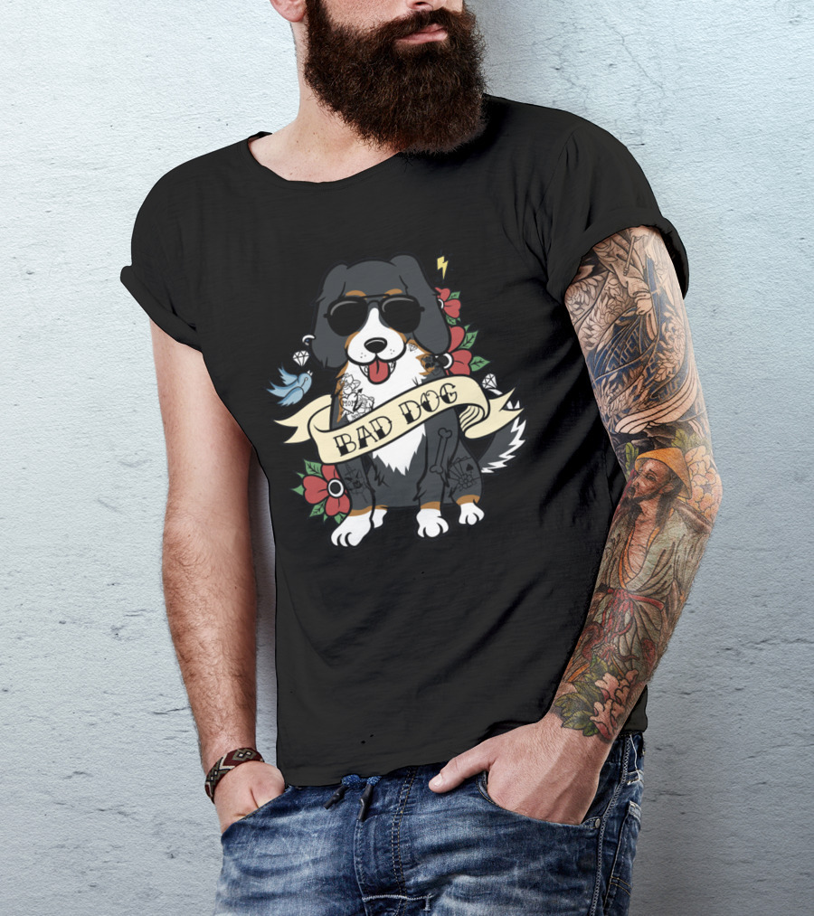 Bernese Mountain Bad Dog With Tattoos, Sunglasses, And Floral Accents T-Shirt