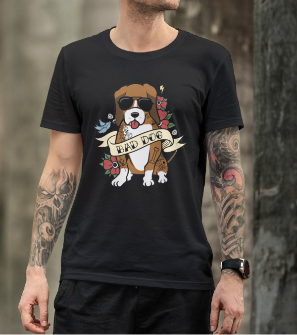 BAD DOG BASSET HOUND WITH SUNGLASSES AND TATTOO MOTIFS T-Shirt