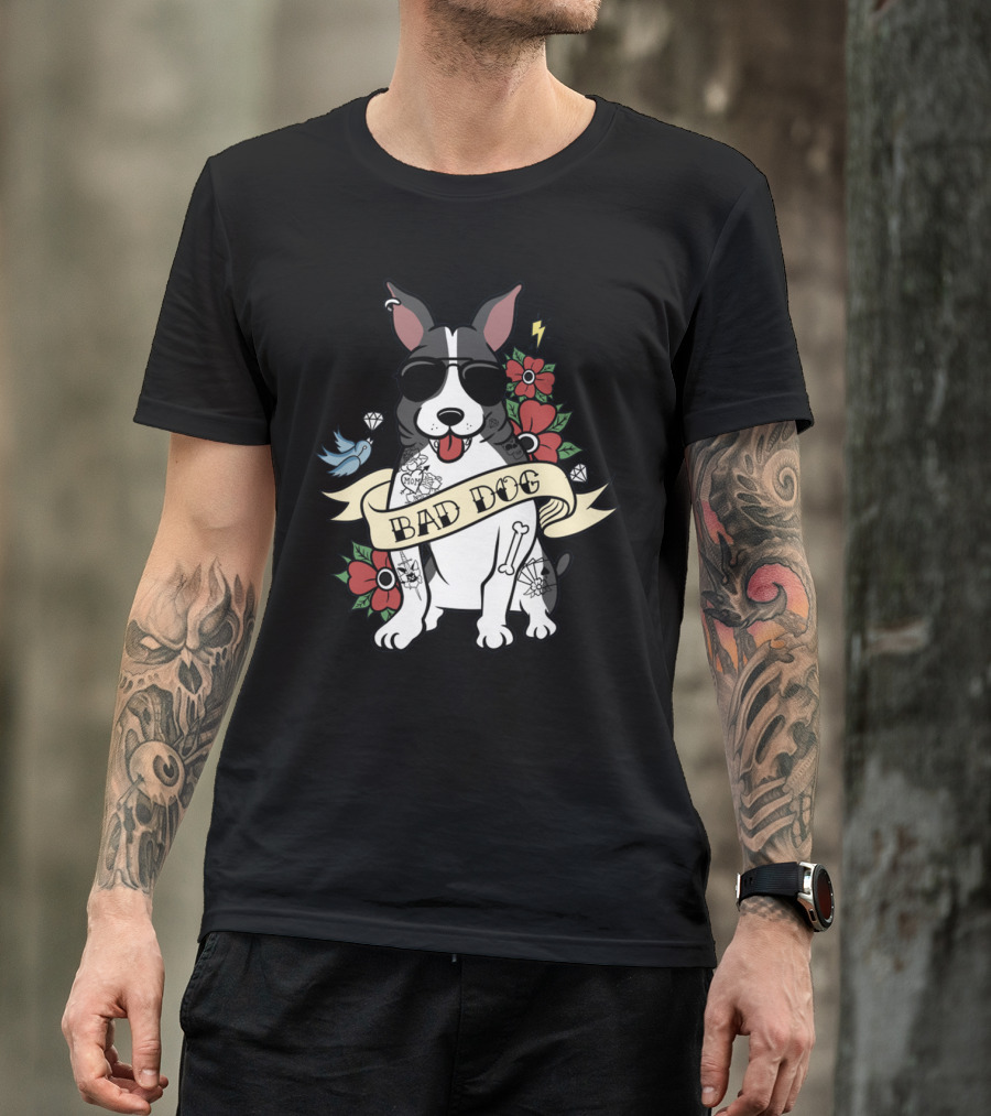 BAD DOG BOSTON TERRIER WITH TATTOOS AND SUNGLASSES FLORAL AND LIGHTNING T-Shirt