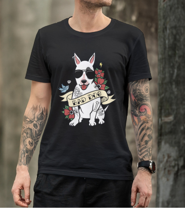 BAD DOG Tattooed Bull Terrier With Sunglasses And Flowers T-Shirt