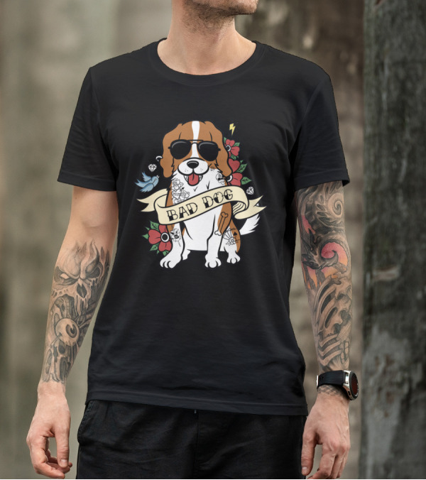 Cavalier Bad Dog With Tattoos And Sunglasses Surrounded By Flowers And Symbols T-Shirt