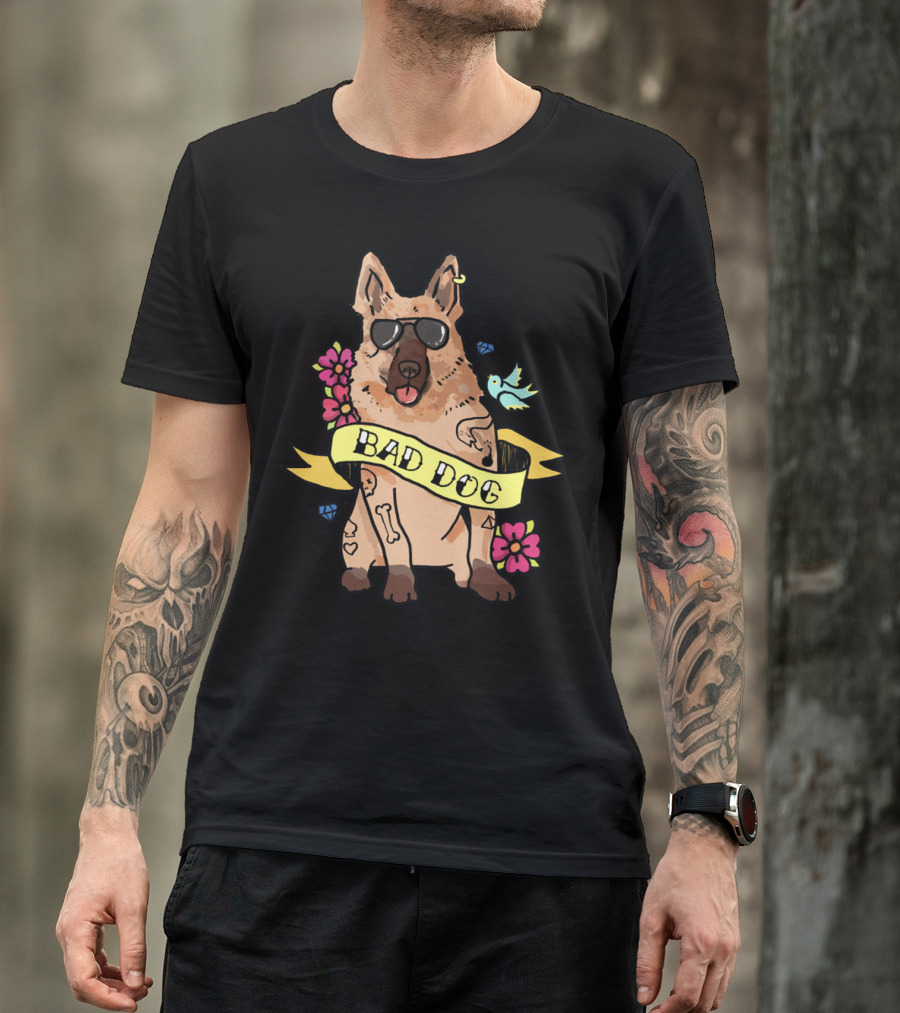 German Shepherd Bad Dog Cool Sunglasses Tattoo Style Flowers And Bird Banner T-Shirt