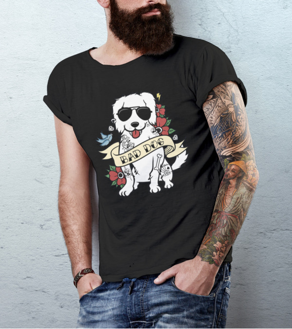 GREAT PYRENEES BAD DOG WITH SUNGLASSES AND TATTOO STYLE FLOWERS T-Shirt