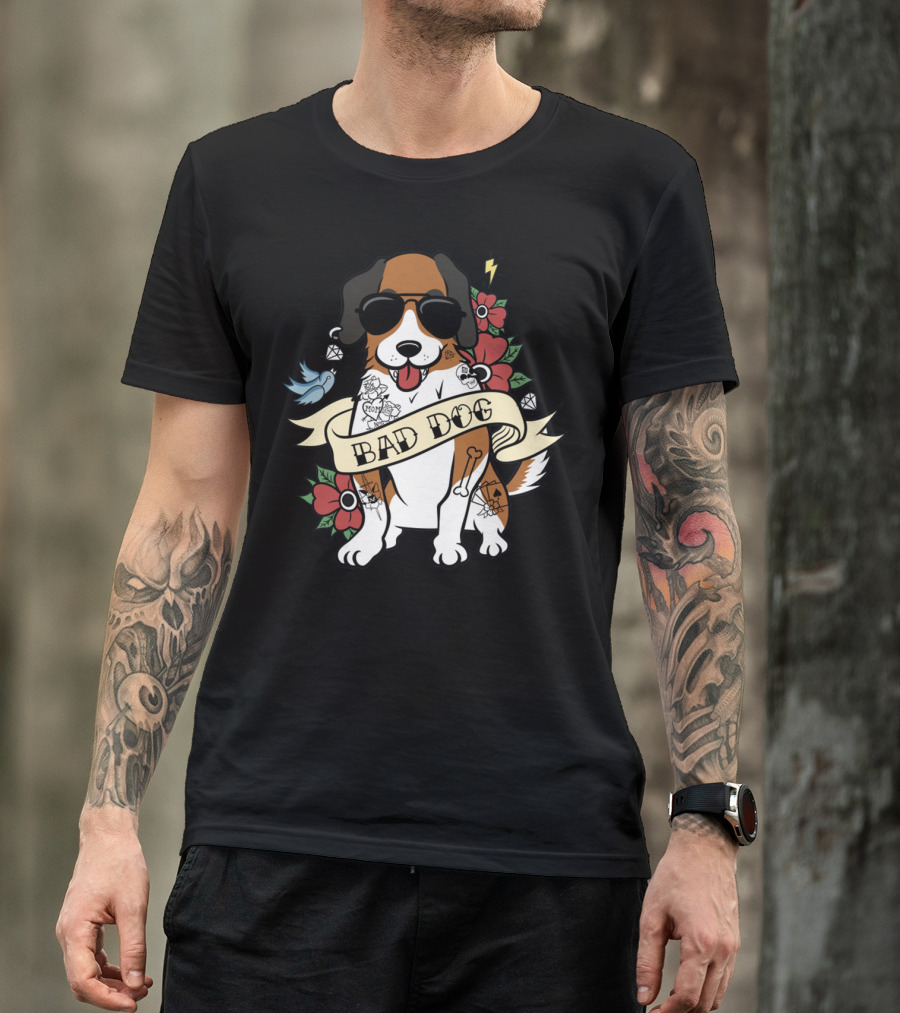 St Bernard Bad Dog Sunglasses Tattoo Flowers Bird Lightning Jewelry T-Shirt