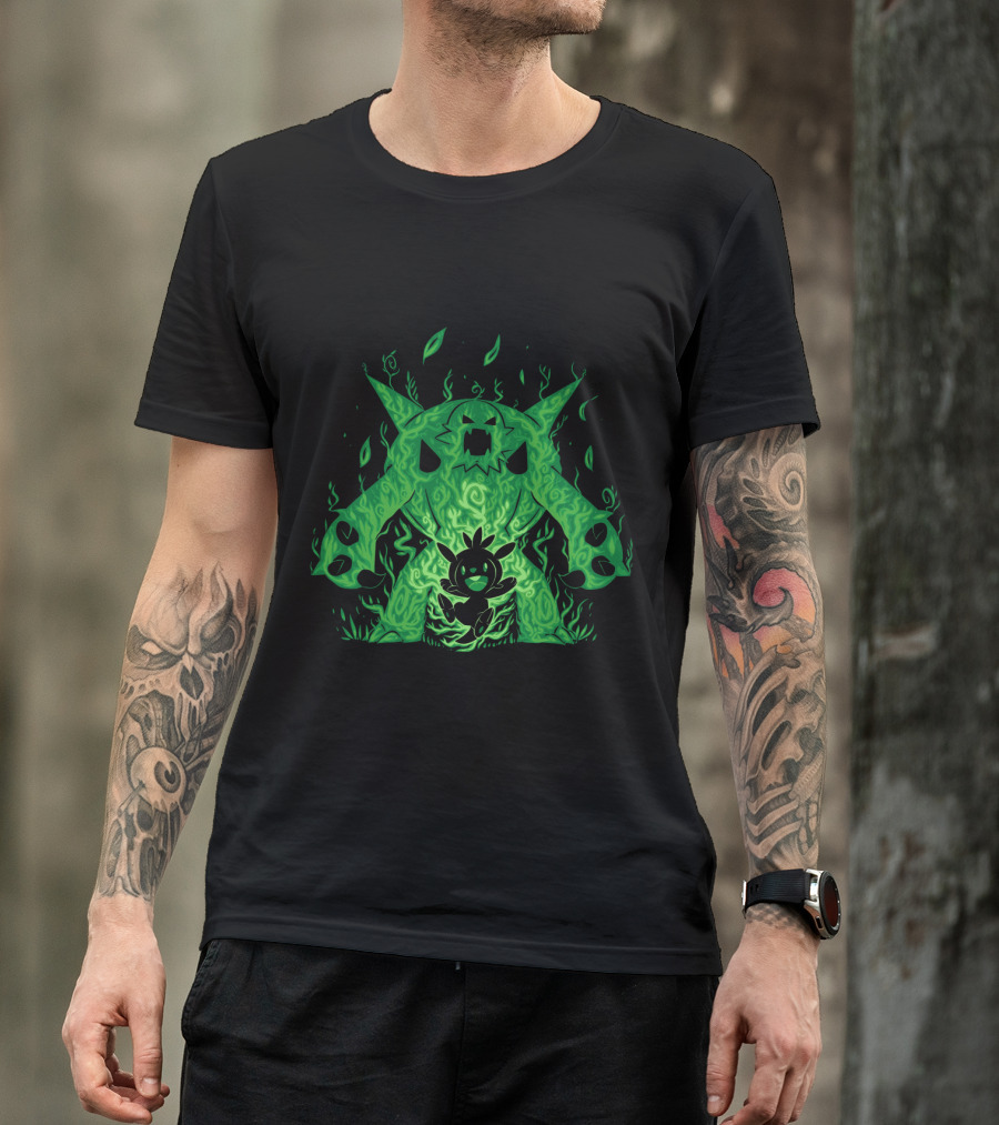 Pokemon Evolution Chesnaught Chespin Silhouette Glowing Green Flames T-Shirt