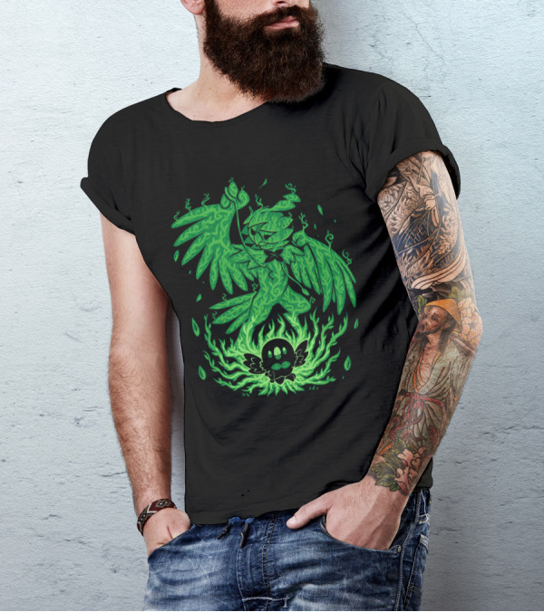 EVOLUTION POKEMON DECIDUEYE ROWLET GHOSTLY GREEN FLAMES T-Shirt
