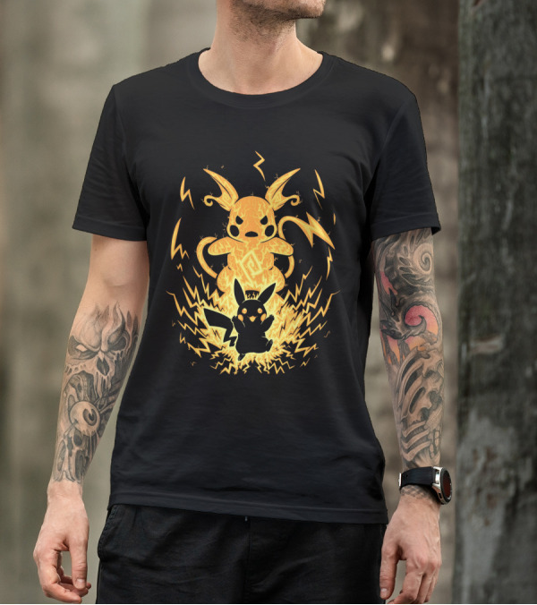 EVOLUTION POKEMON RAICHU WITH PIKACHU AND LIGHTNING BACKGROUND T-Shirt