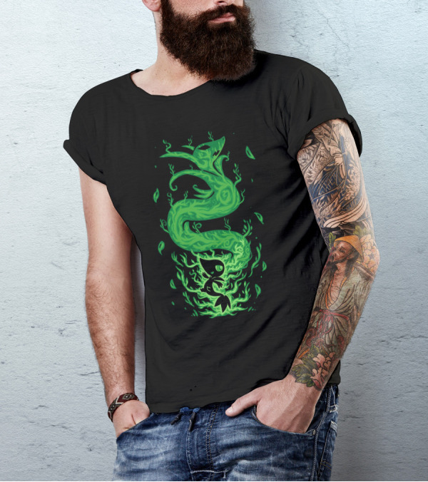 EVOLUTION POKEMON SERPERIOR COILED GREEN FLAMES WITH LEAVES T-Shirt