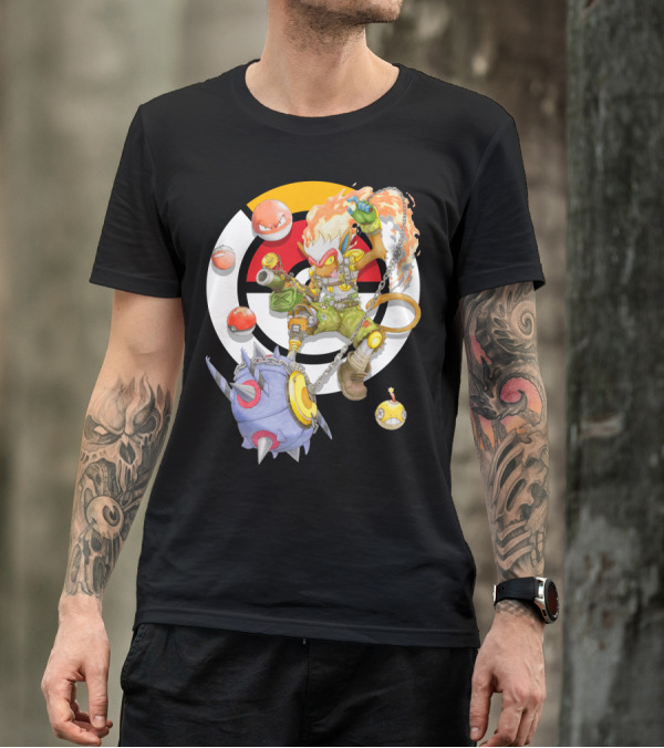 POKEMON X OVERWATCH INFERNAPE AND JUNKRAT MASHUP WITH POKEBALLS AND TEAM EMBLEM T-Shirt
