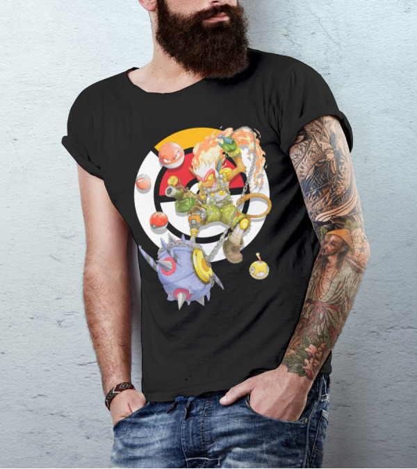 POKEMON X OVERWATCH INFERNAPE AND JUNKRAT MASHUP WITH POKEBALLS AND TEAM EMBLEM T-Shirt