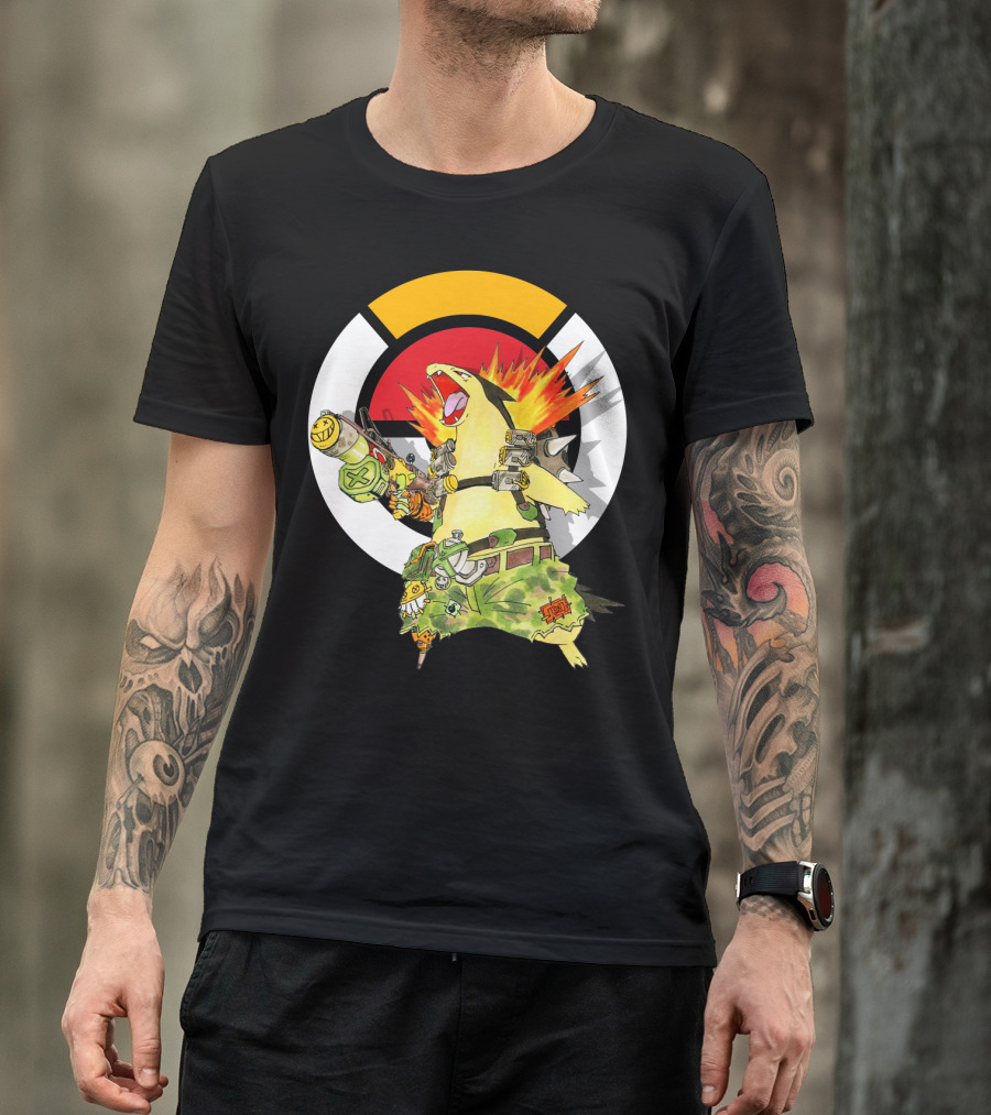 POKEMON TYPHLOSION JUNKRAT CROSSOVER SYMBOL BACKGROUND T-Shirt