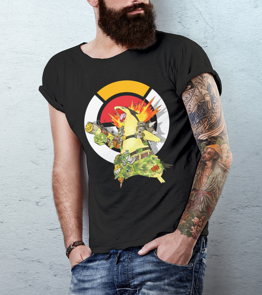 POKEMON TYPHLOSION JUNKRAT CROSSOVER SYMBOL BACKGROUND T-Shirt