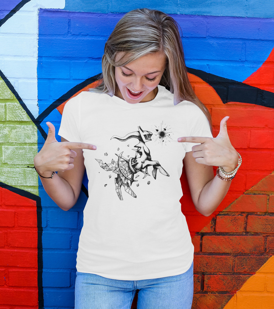 Geometric Pokemon Arceus Monochrome Ink Sketch With Abstract Fragmentation Elements T-Shirt
