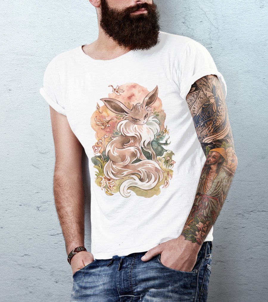 Watercolor Pokemon Eevee With Autumn Leaves And Flowers T-Shirt