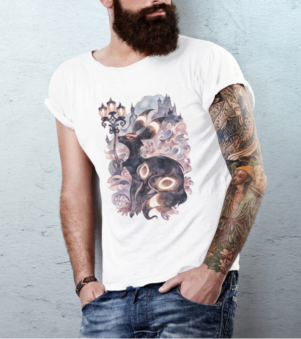 WATERCOLOR POKEMON UMBREON LAMPPOST CASTLE SKY BACKGROUND T-Shirt