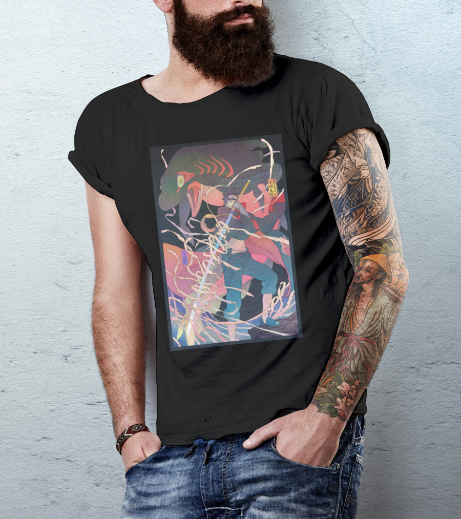 Kisame Sword Wielding Character With Giant Shark And Energy Swirls T-Shirt