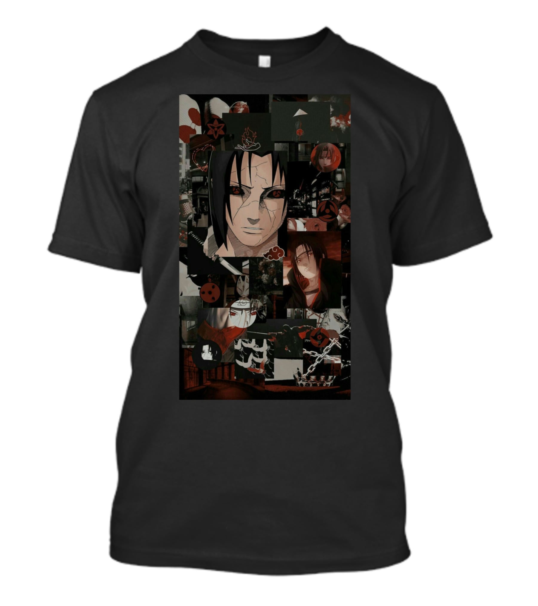 Uchiha Itachi Anime Character Collage With Sharingan And Akatsuki Symbols T-Shirt