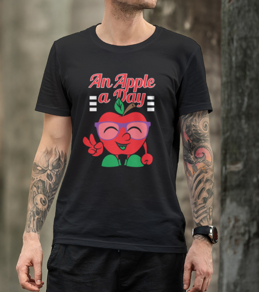 An Apple A Day Smiling Cartoon Apple With Glasses And Peace Sign T-Shirt