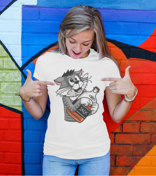 Jack Whiskey Cat Hugging Bottle Playful Striped Kitty Character T-Shirt