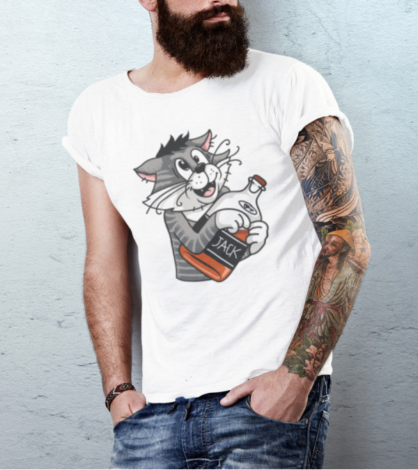Jack Whiskey Cat Hugging Bottle Playful Striped Kitty Character T-Shirt