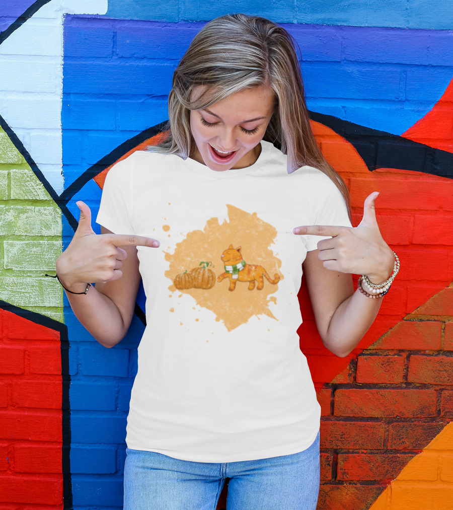 Kitty With Scarf And Pumpkins On Splash Background T-Shirt