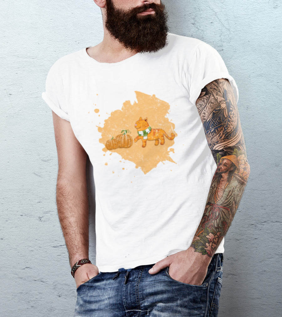 Kitty With Scarf And Pumpkins On Splash Background T-Shirt