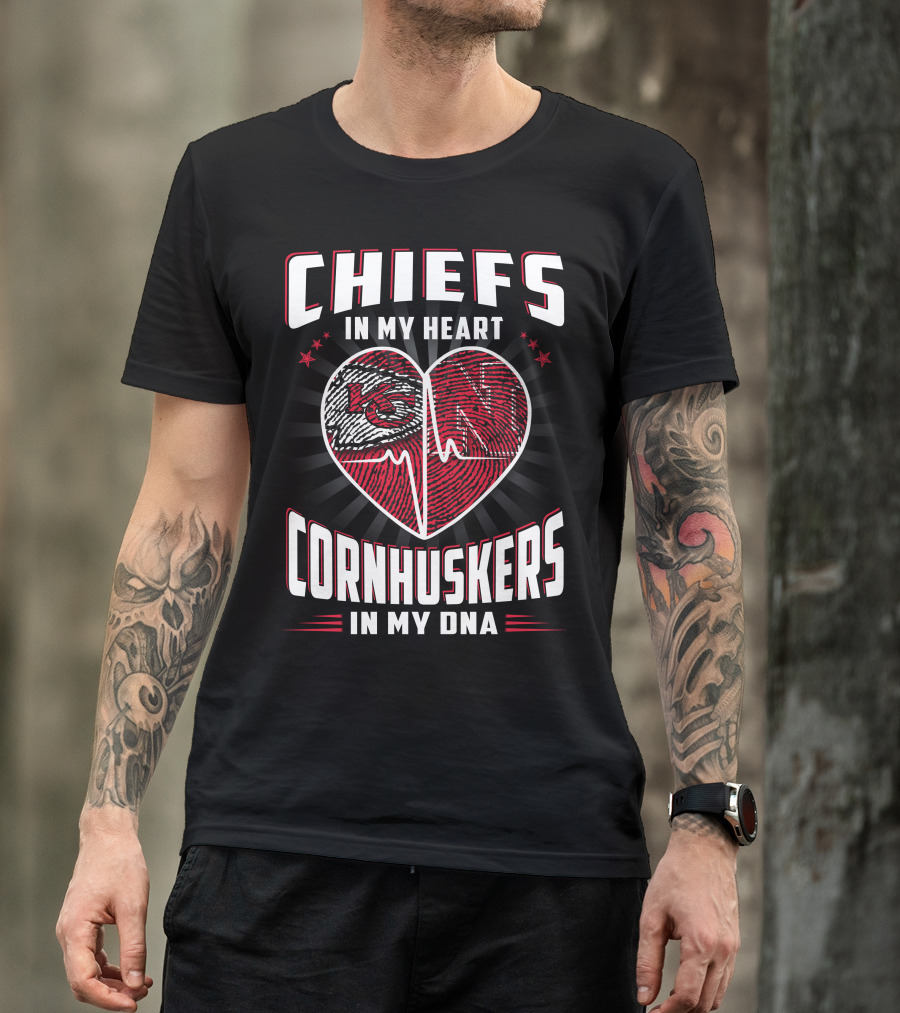 Chiefs In My Heart Cornhuskers Dna Fingerprint Heartbeat T-Shirt