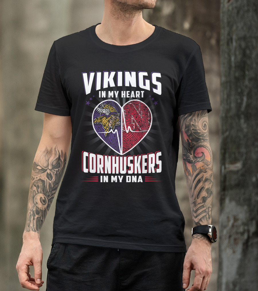 Vikings IN My Heart Cornhuskers IN My Dna Fingerprint Heartbeat T-Shirt