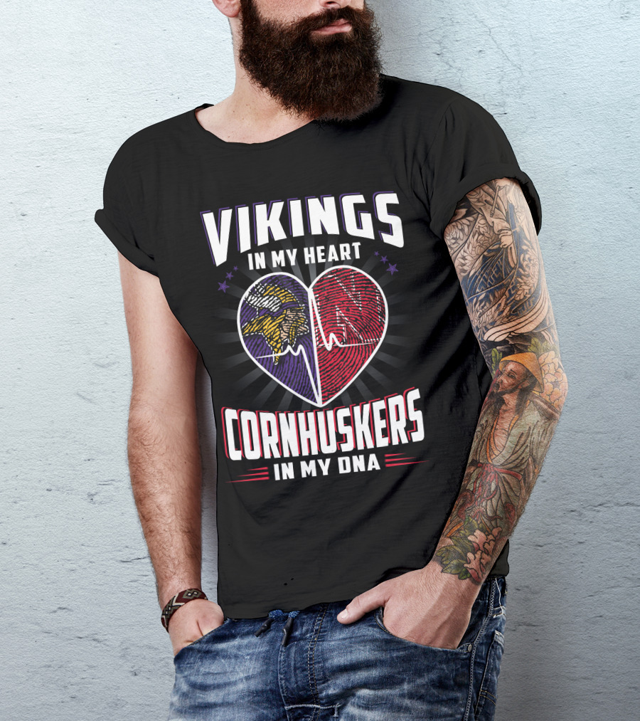 Vikings IN My Heart Cornhuskers IN My Dna Fingerprint Heartbeat T-Shirt