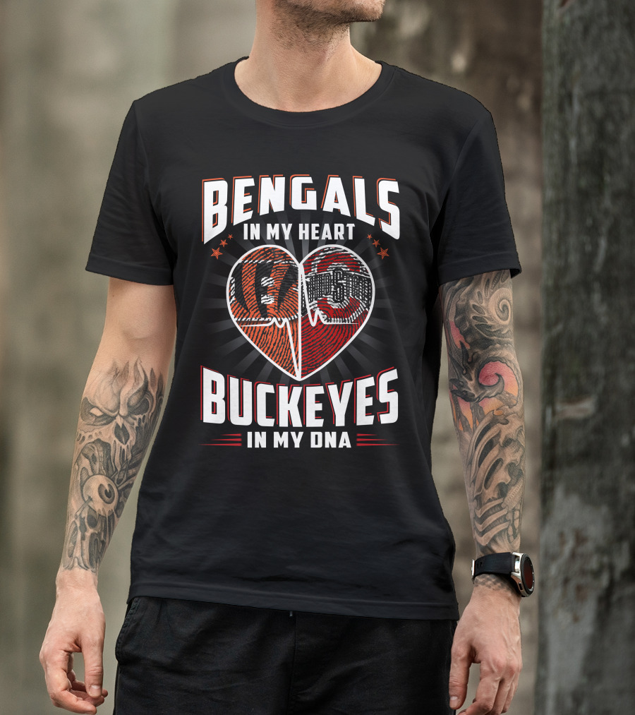 Bengals In My Heart Buckeyes In My Dna Heartbeat Logo Combination T-Shirt