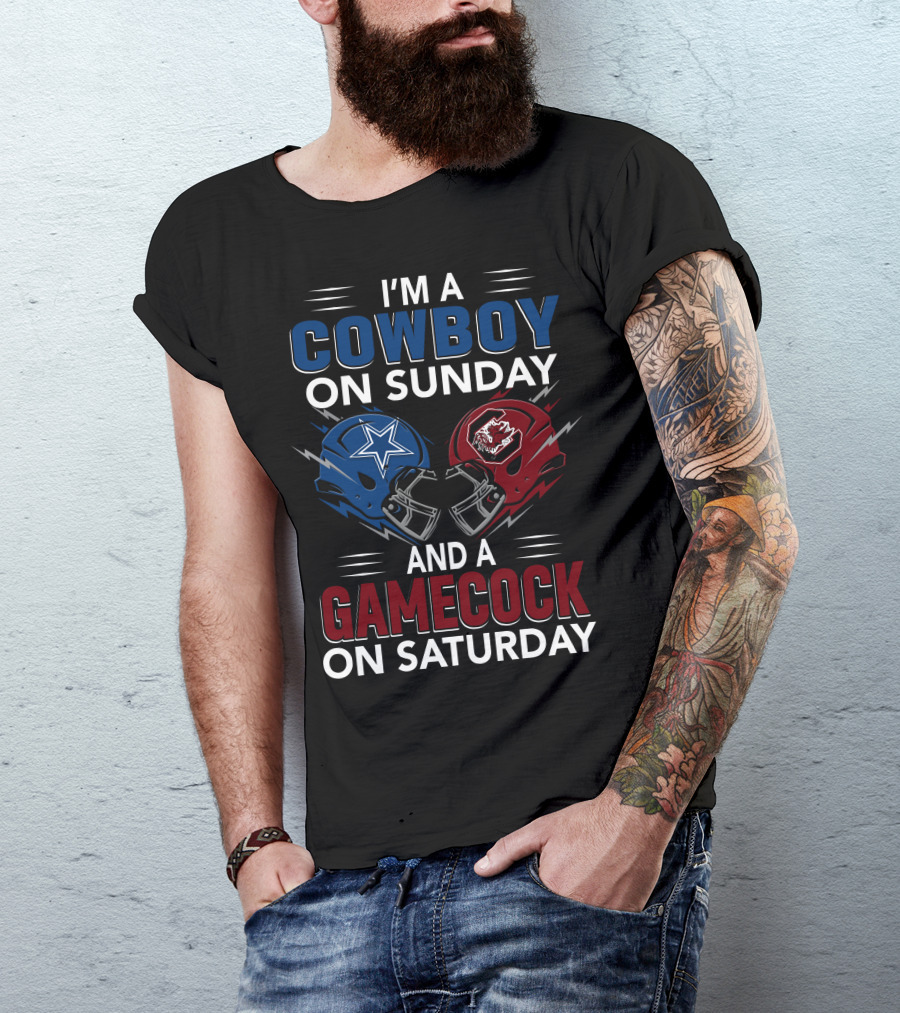 I'm A Cowboy On Sunday And A Gamecock On Saturday Football Helmets Showdown T-Shirt