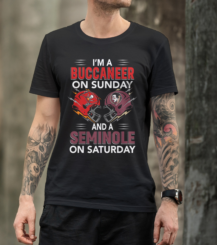 I'm A Buccaneer On Sunday And A Seminole On Saturday Helmet Logo Matchup T-Shirt