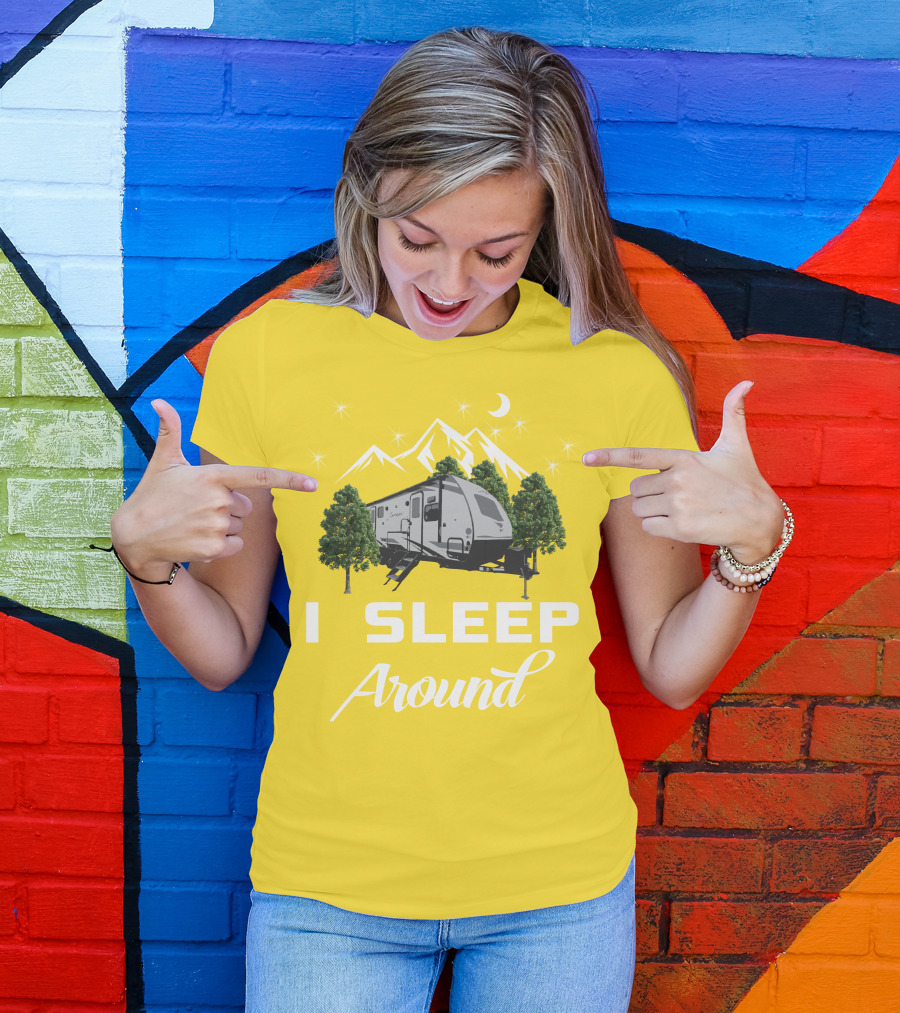 I SLEEP AROUND Forest River Surveyor Camper And Mountain Scene T-Shirt