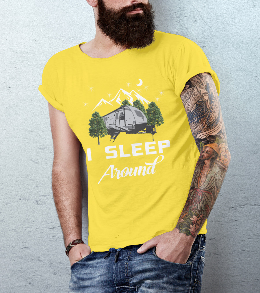 I SLEEP AROUND Forest River Surveyor Camper And Mountain Scene T-Shirt