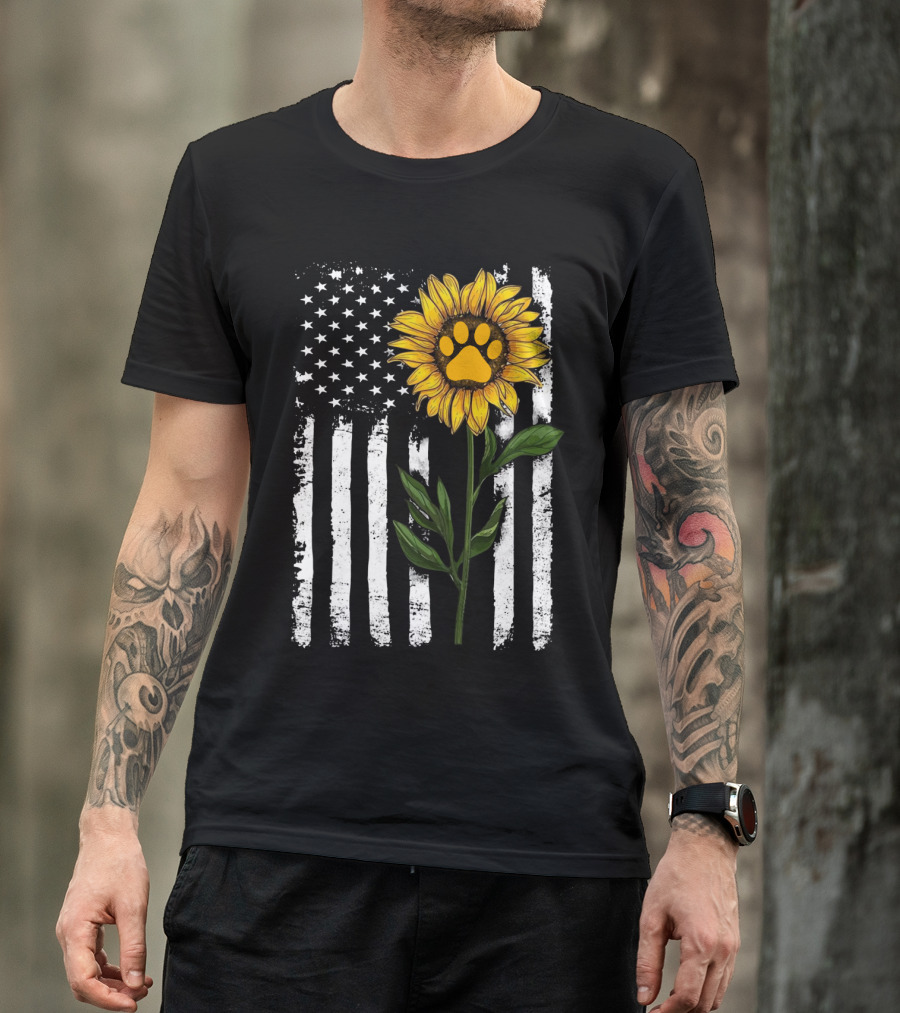 Sunflower Paw American Flag Vertical Stripes T-Shirt