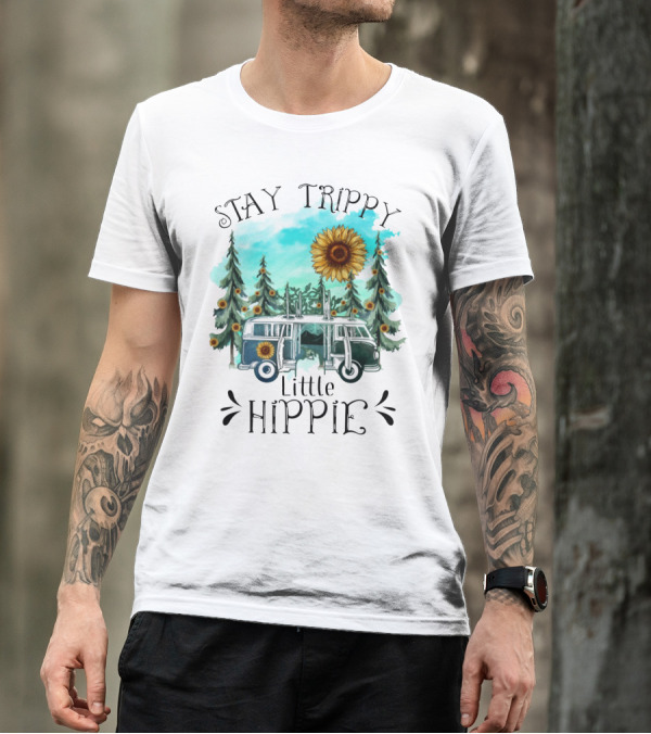 Stay Trippy Little Hippie Sunflower Van Among Forest Pines T-Shirt