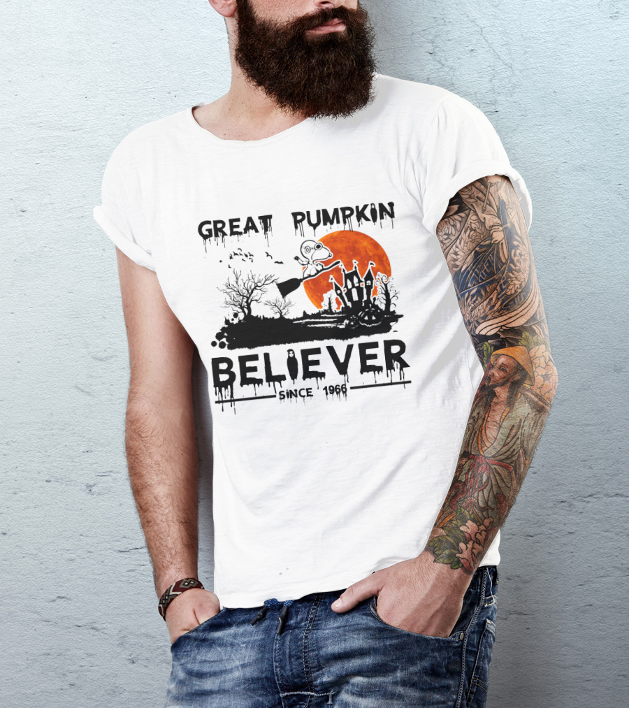 Great Pumpkin Believer Since 1966 Snoopy Flying On Broomstick Halloween Scene T-Shirt