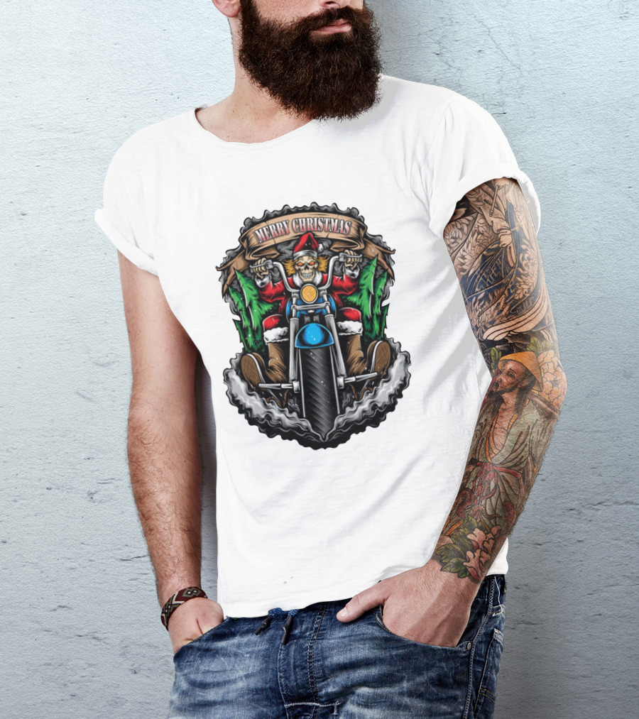 Skeleton Santa Biker Merry Christmas T-Shirt