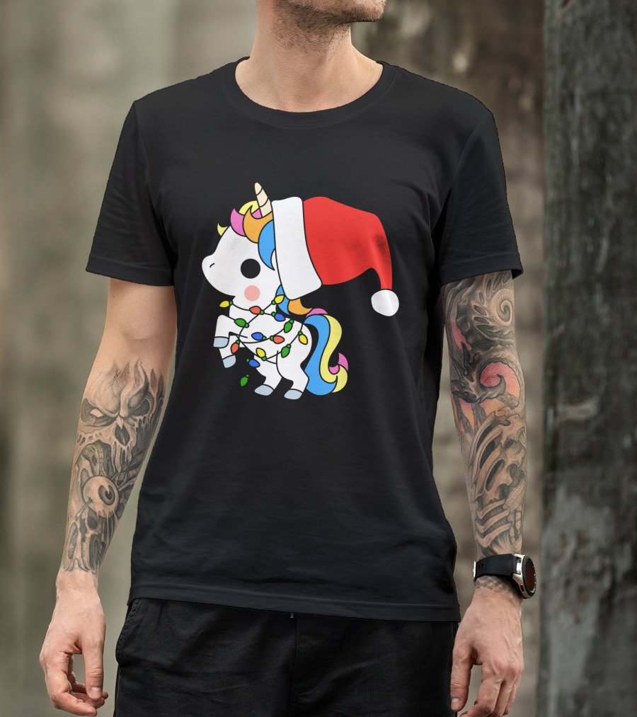 Unicorn Santa Christmas Lights Festive Fantasy T-Shirt