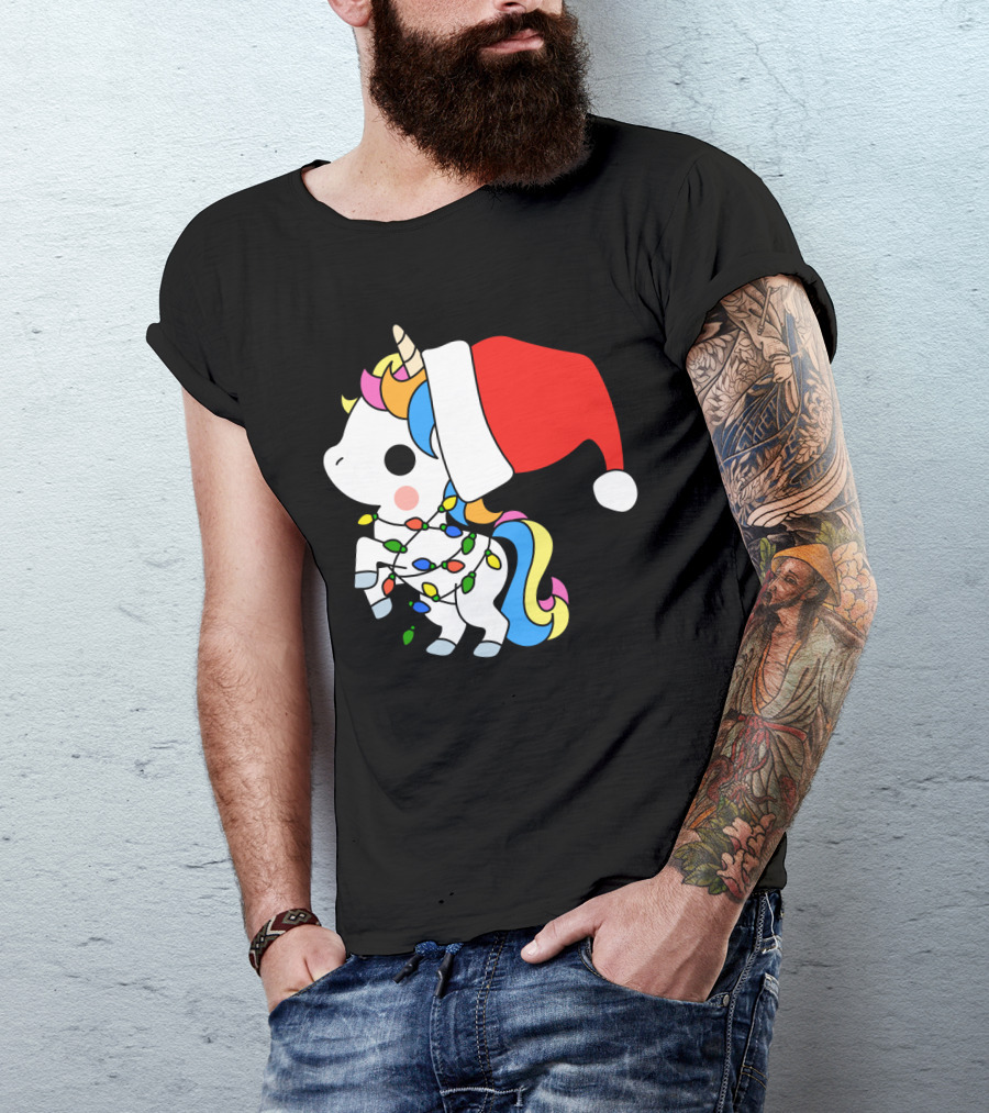Unicorn Santa Christmas Lights Festive Fantasy T-Shirt