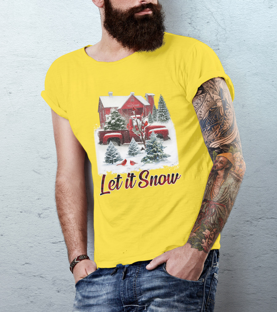 Let It Snow Cardinal Birds Red Tree Farm Holiday Scene T-Shirt