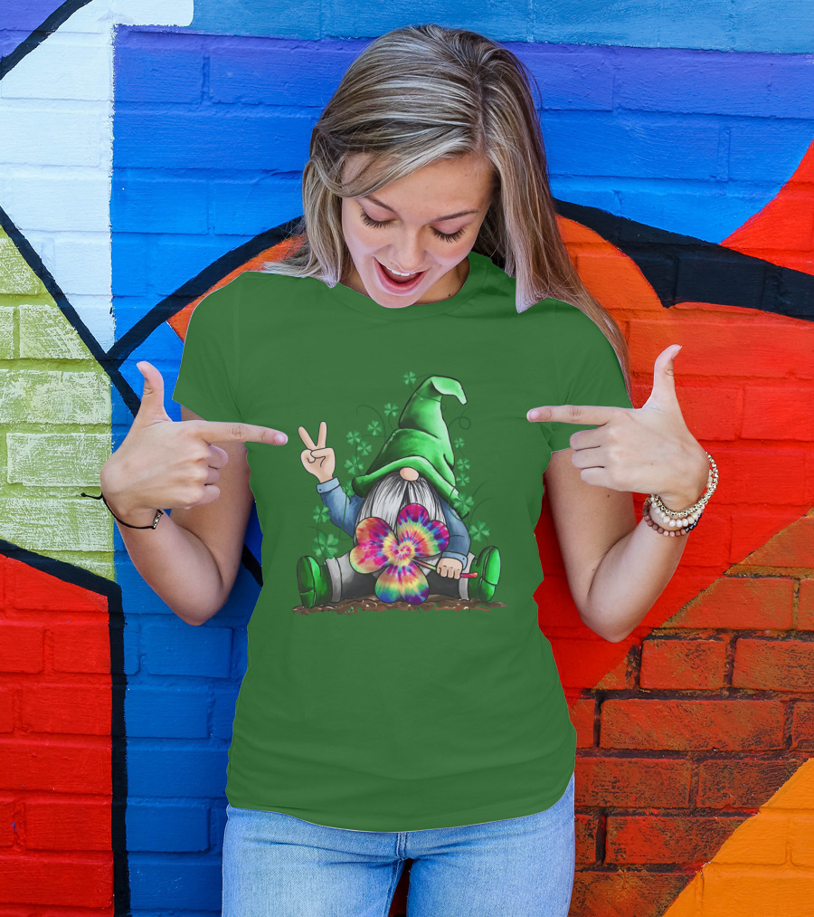 Hippie Gnome Irish With Tie-Dye Shamrock And Peace Sign T-Shirt
