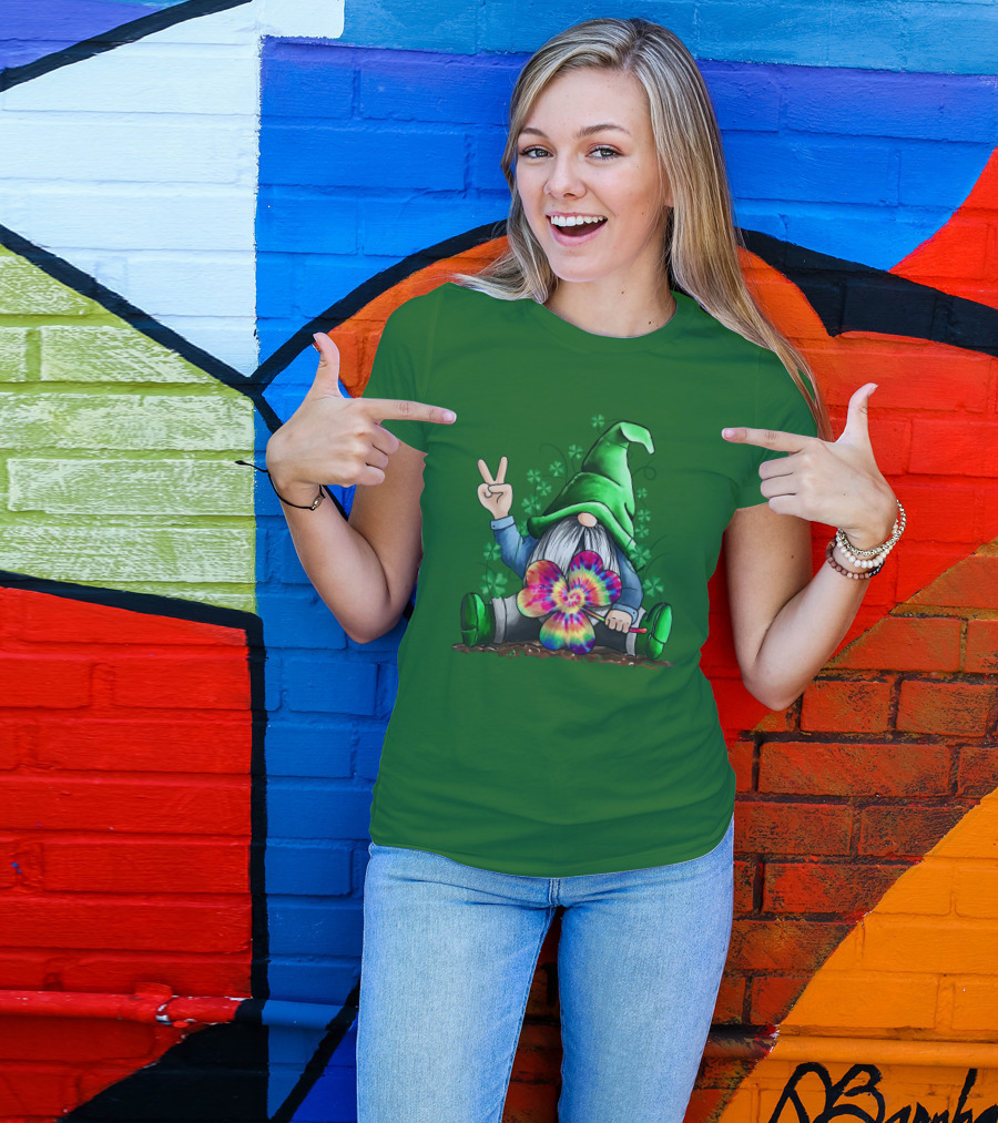 Hippie Gnome Irish With Tie-Dye Shamrock And Peace Sign T-Shirt
