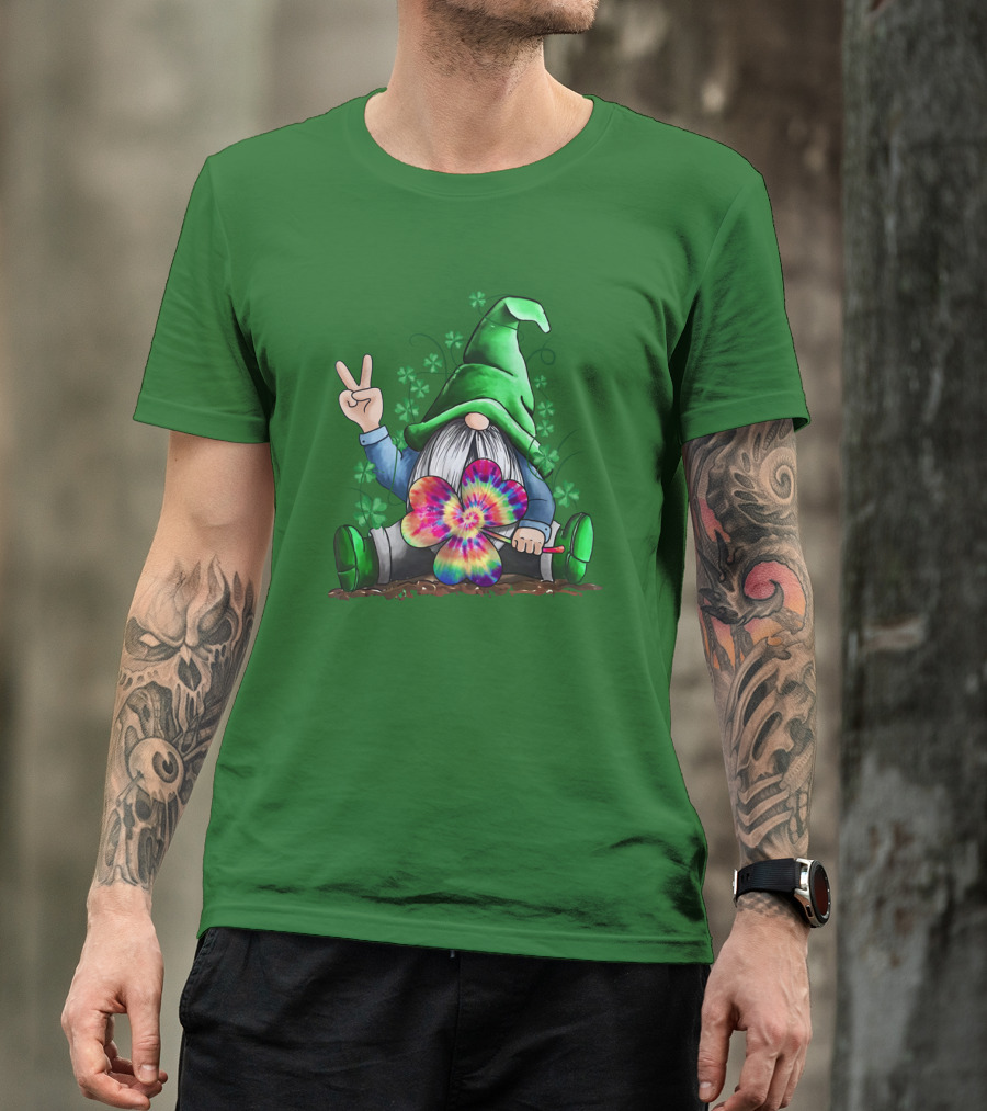 Hippie Gnome Irish With Tie-Dye Shamrock And Peace Sign T-Shirt
