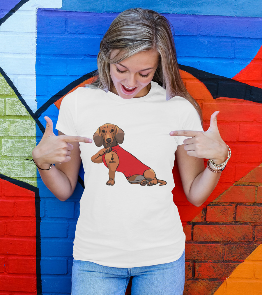 I Love Mom Dachshund Tattoo Puppy In Red T-Shirt