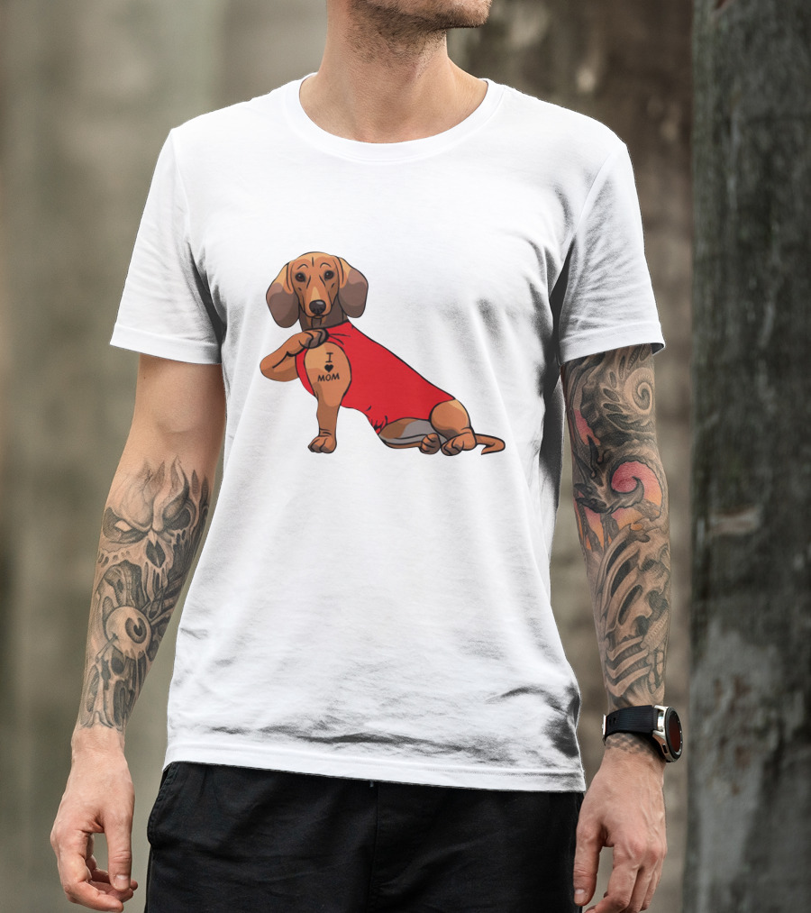 I Love Mom Dachshund Tattoo Puppy In Red T-Shirt