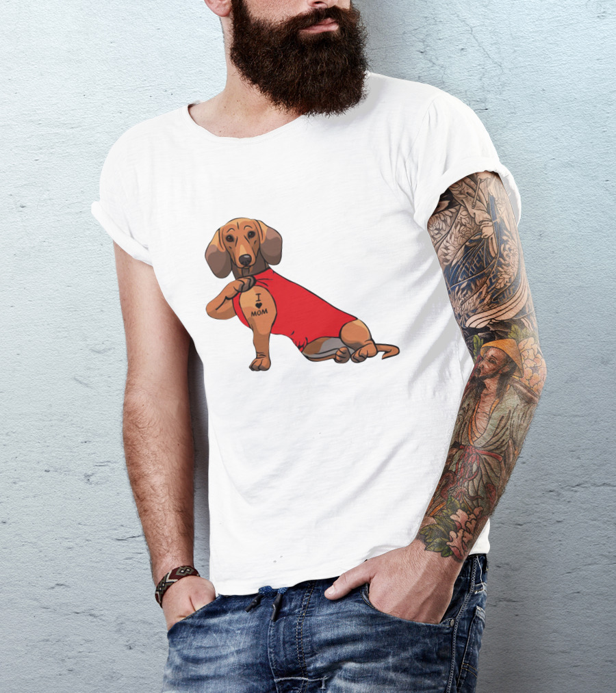 I Love Mom Dachshund Tattoo Puppy In Red T-Shirt