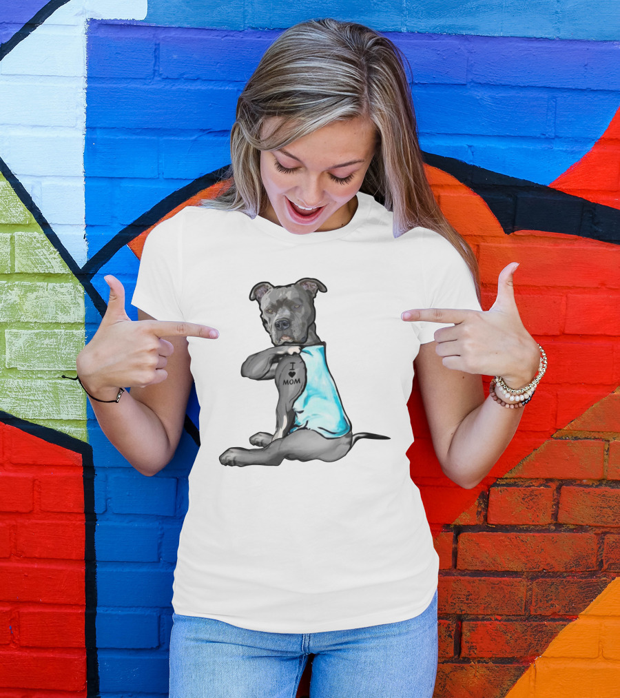 Pitbull I Love Mom Tattoo Blue T-Shirt