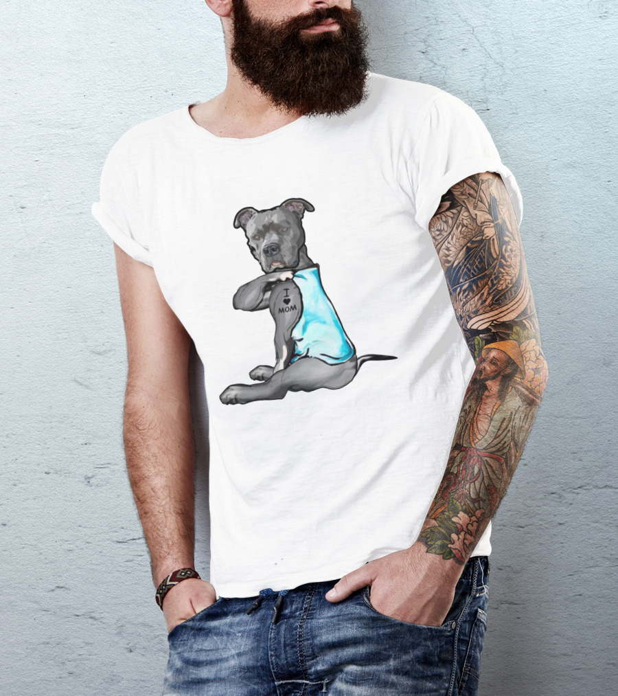 Pitbull I Love Mom Tattoo Blue T-Shirt